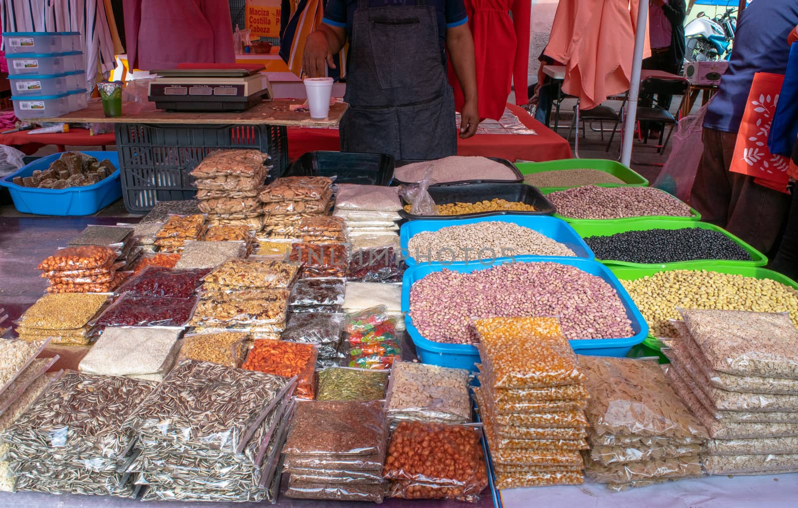 shop of different kind of seeds in a local mexican market on the street