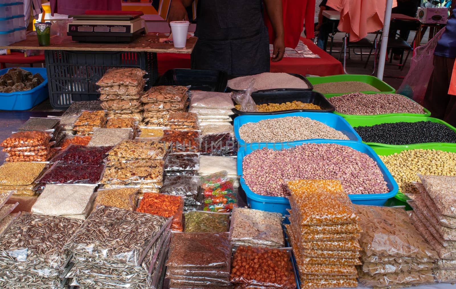 shop of different kind of seeds in a local mexican market on the street