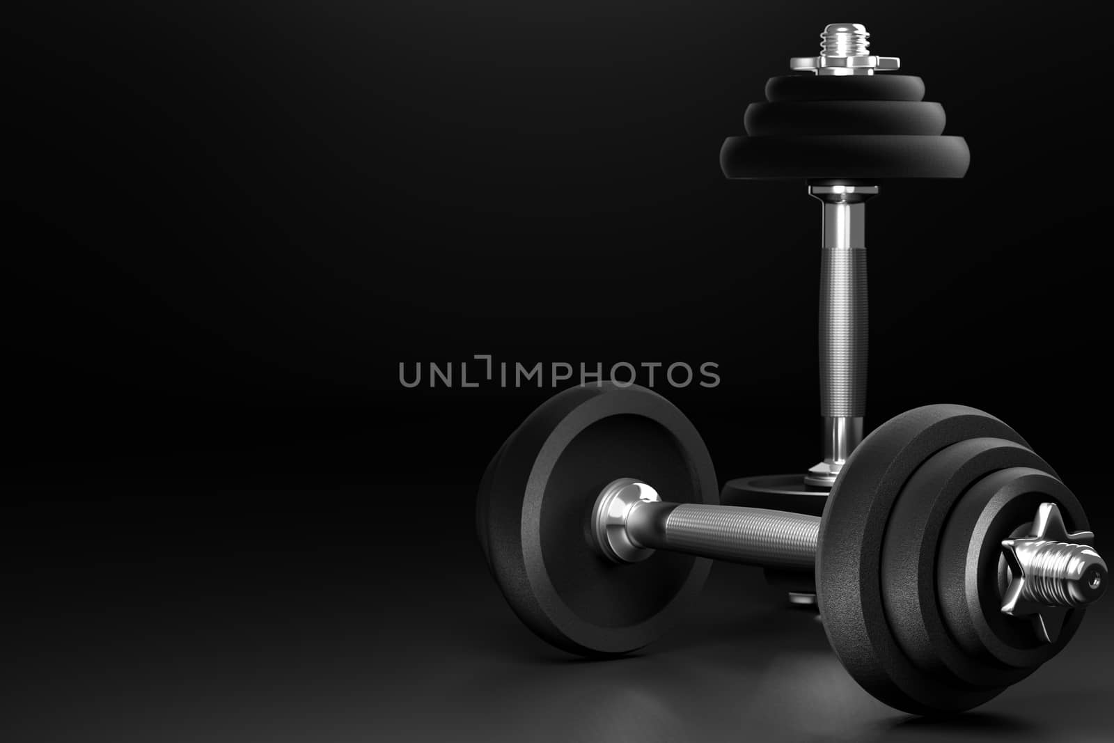 Dumbbell in dark background. Closeup and copy space on left. It is equipment for workout or fitness in gym. Made from iron and a lot of weight. 3D illustrator rendering. Concept of muscle health care.
