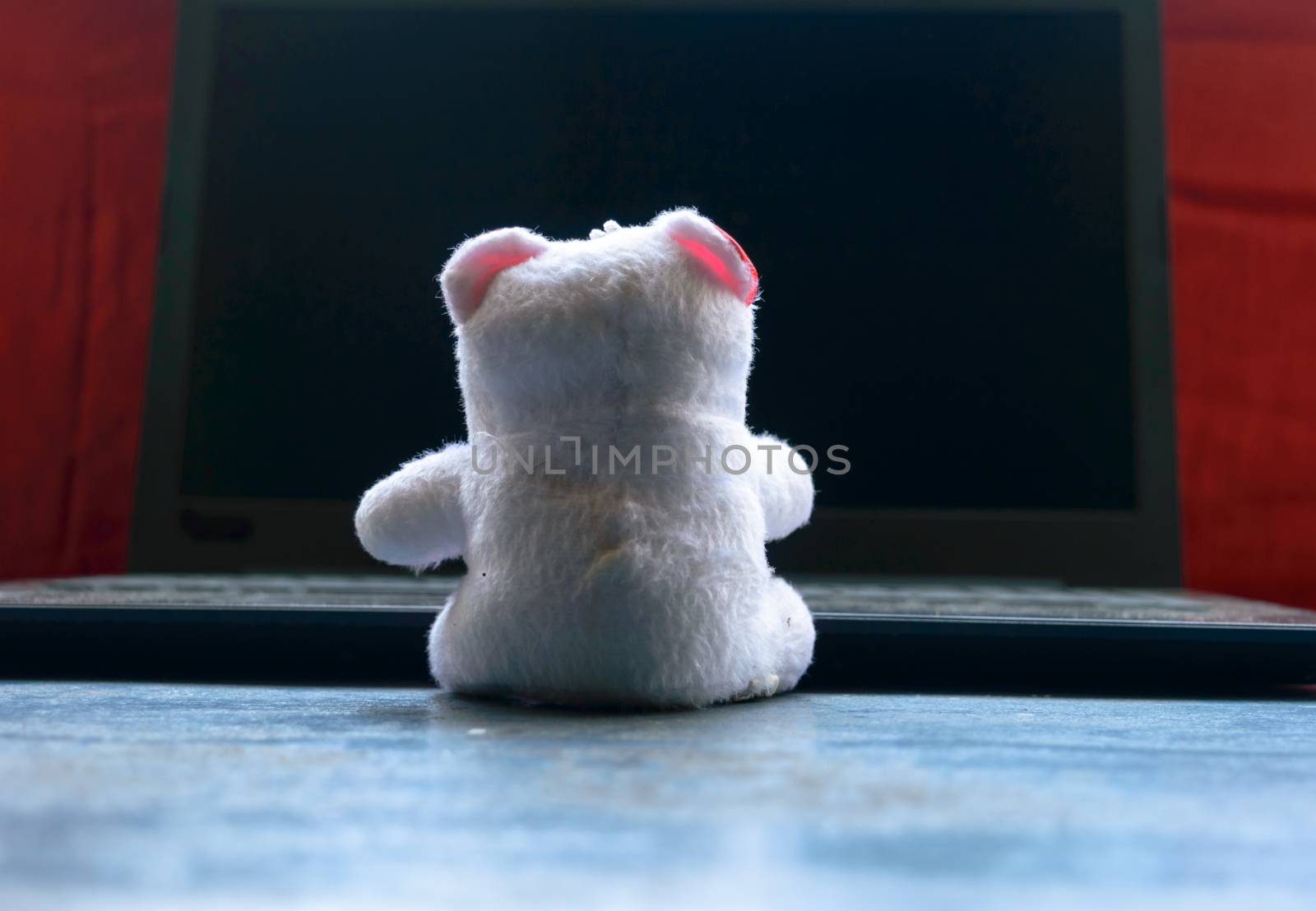 Teddy bear sitting in front of laptop computer device. Still Life. Child using digital technology. Conceptual background concept. Modern childhood education theme. Copy space room for text for massage.