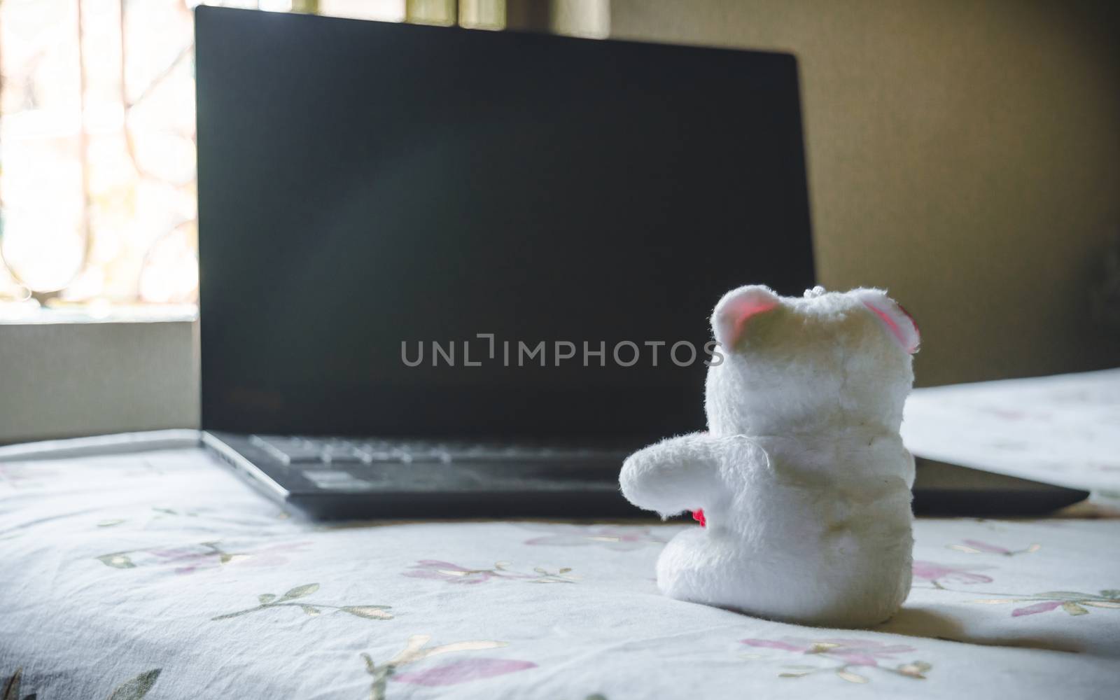 Teddy bear sitting in front of laptop computer device. Still Life. Child using digital technology. Conceptual background concept. Modern childhood education theme. Copy space room for text for massage.