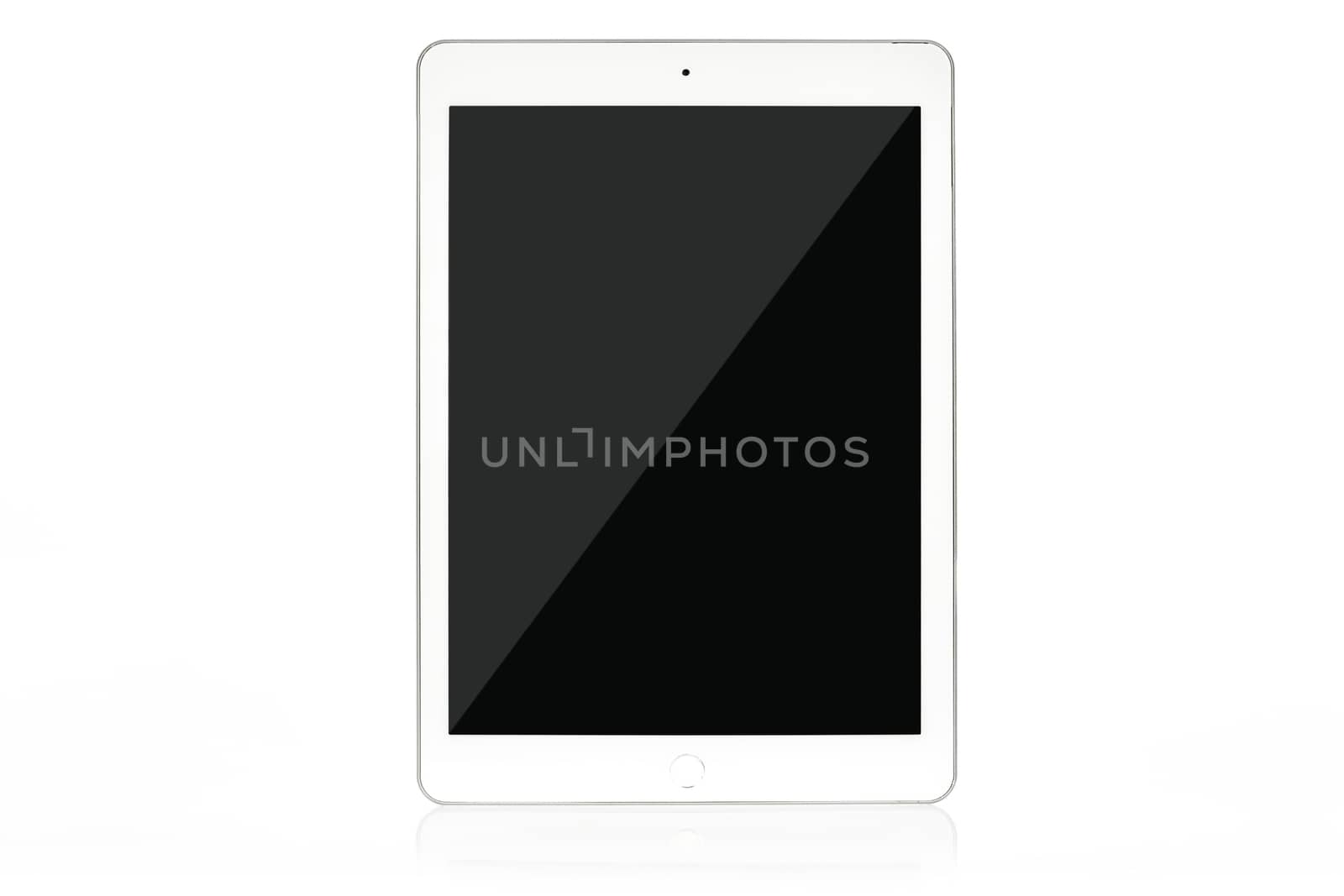 Mockup of a modern white and silver digital tablet isolated on a white background