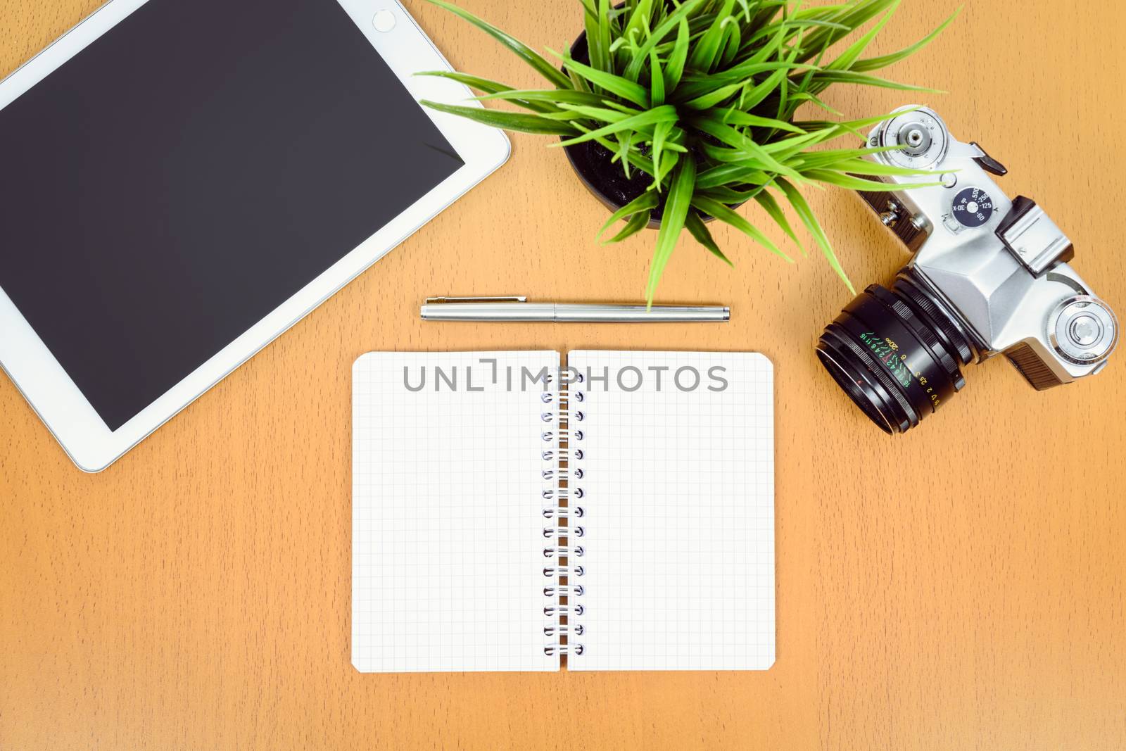 Concept of creative workplace - top view of retro slr camera, green flower, digital tablet and notepad with pen on a wooden desk. 