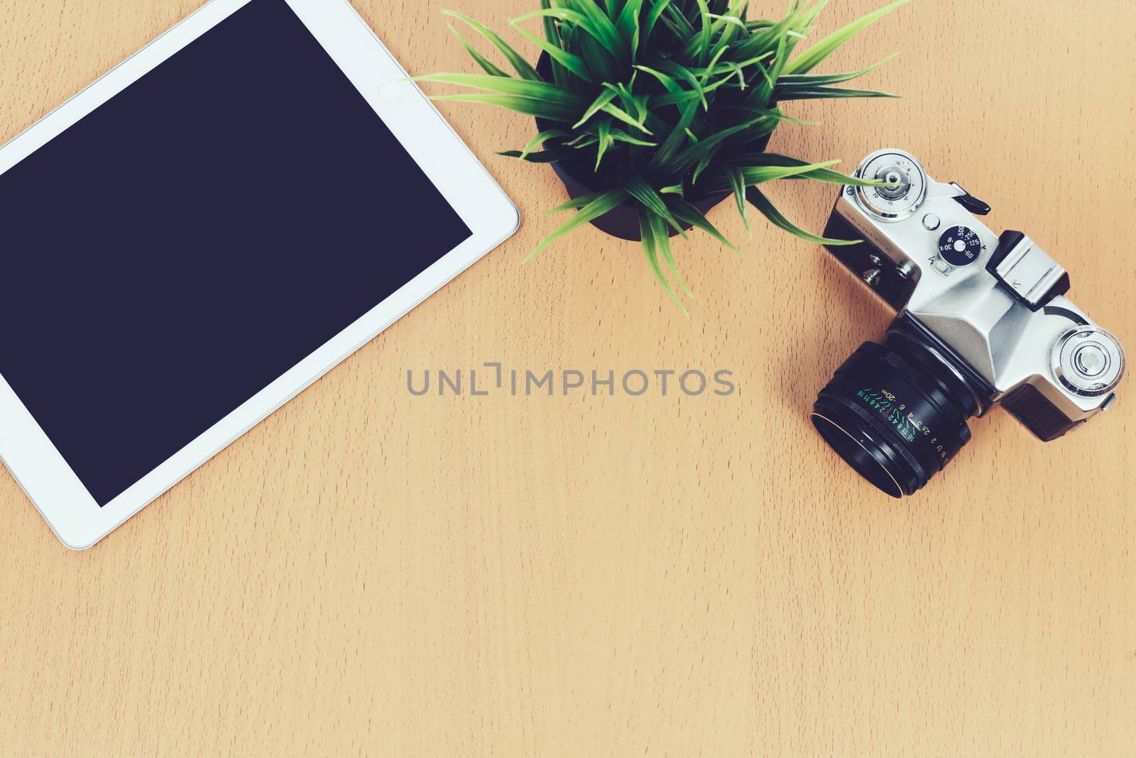 Concept of creative workplace - top view of retro slr camera, green flower and digital tablet on a wooden desk ( vintage effect)