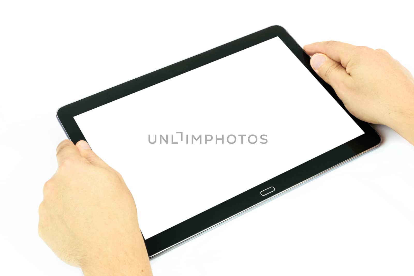 Concept of working on a blank digital tablet isolated on a white background