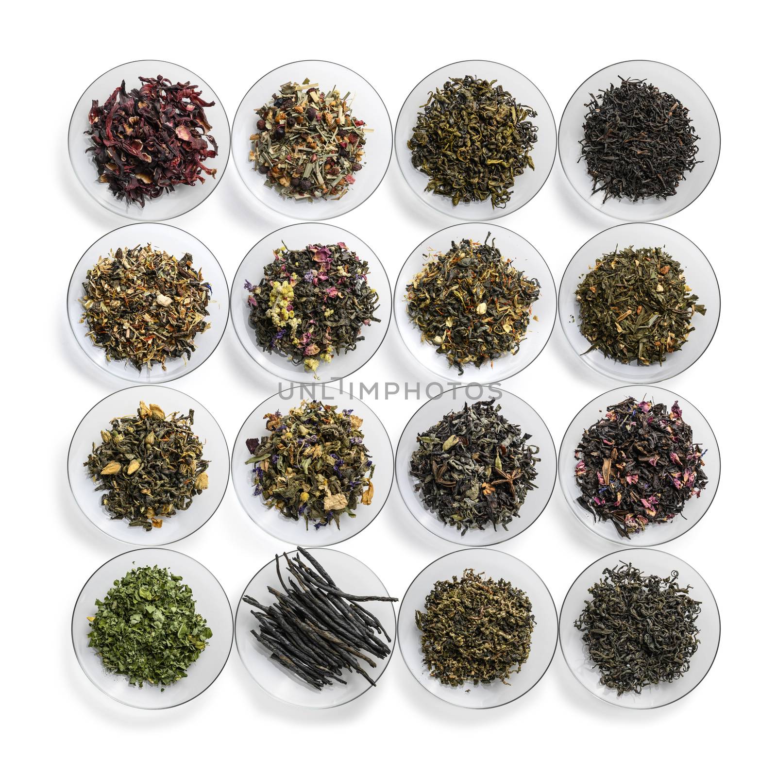 Large assortment of tea on a white background. The view from the top by butenkow
