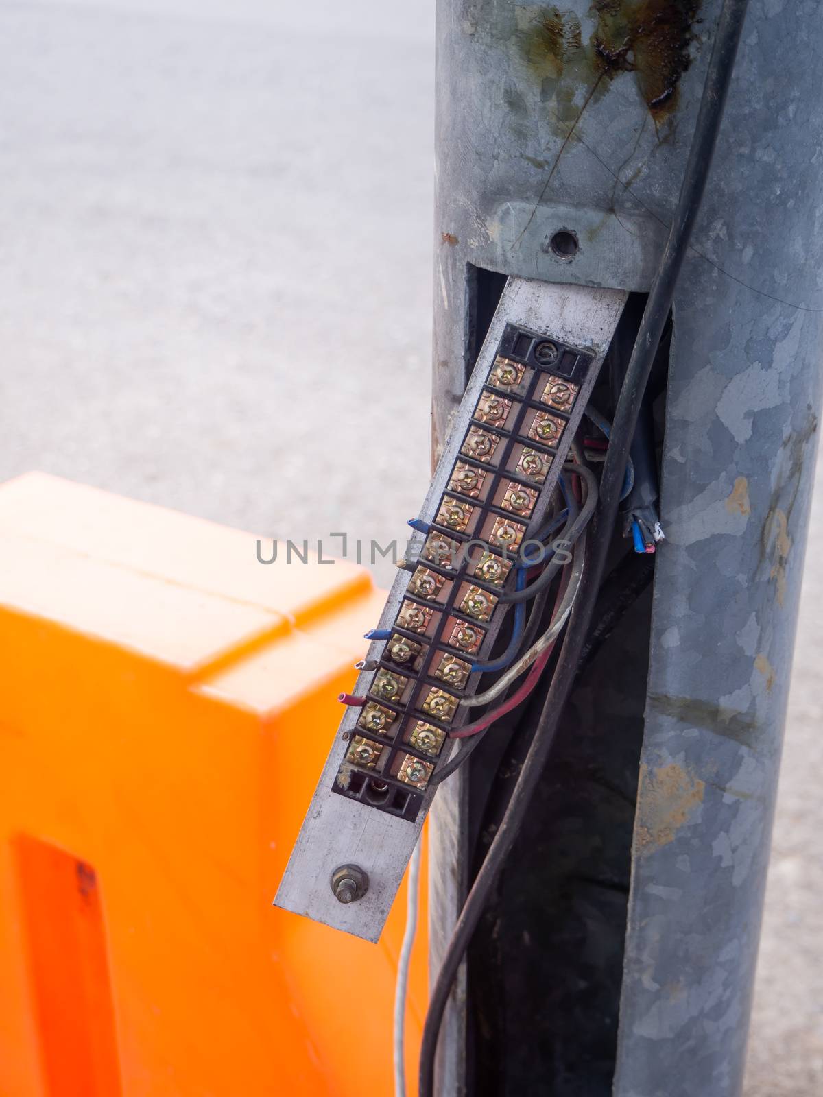 Electric copper bus with connection. Cables connected to an electric terminal