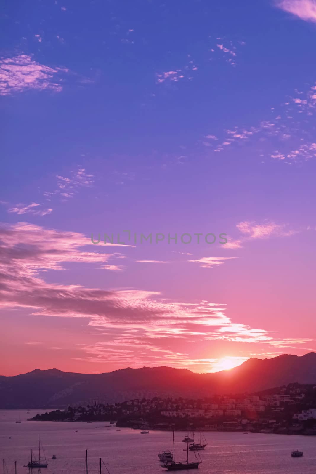 Sea view and mountains in the Mediterranean at sunset, summer vacation travel and holiday destination by Anneleven