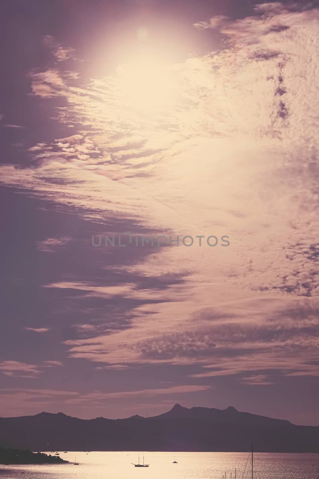 Beautiful sea view and mountains in the Mediterranean at sunset, summer vacation travel and holiday destination