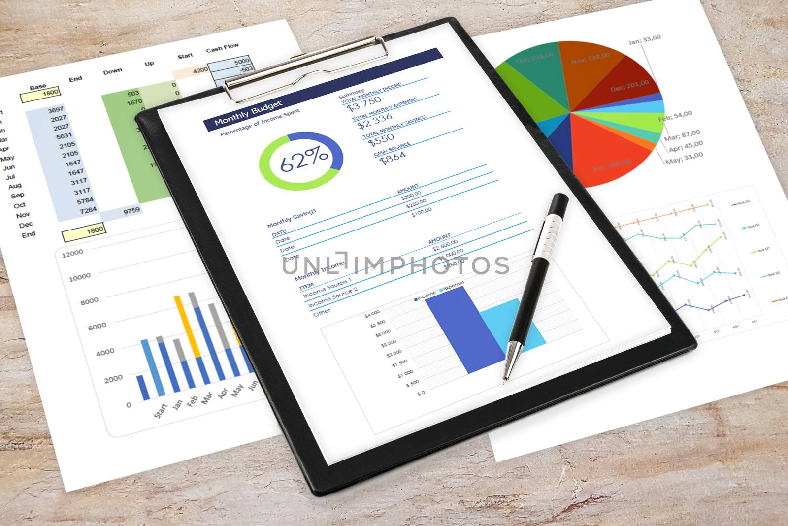 Composite image of business analytics in the office - pen and clipboard with printouts of digital data and charts on the desk.