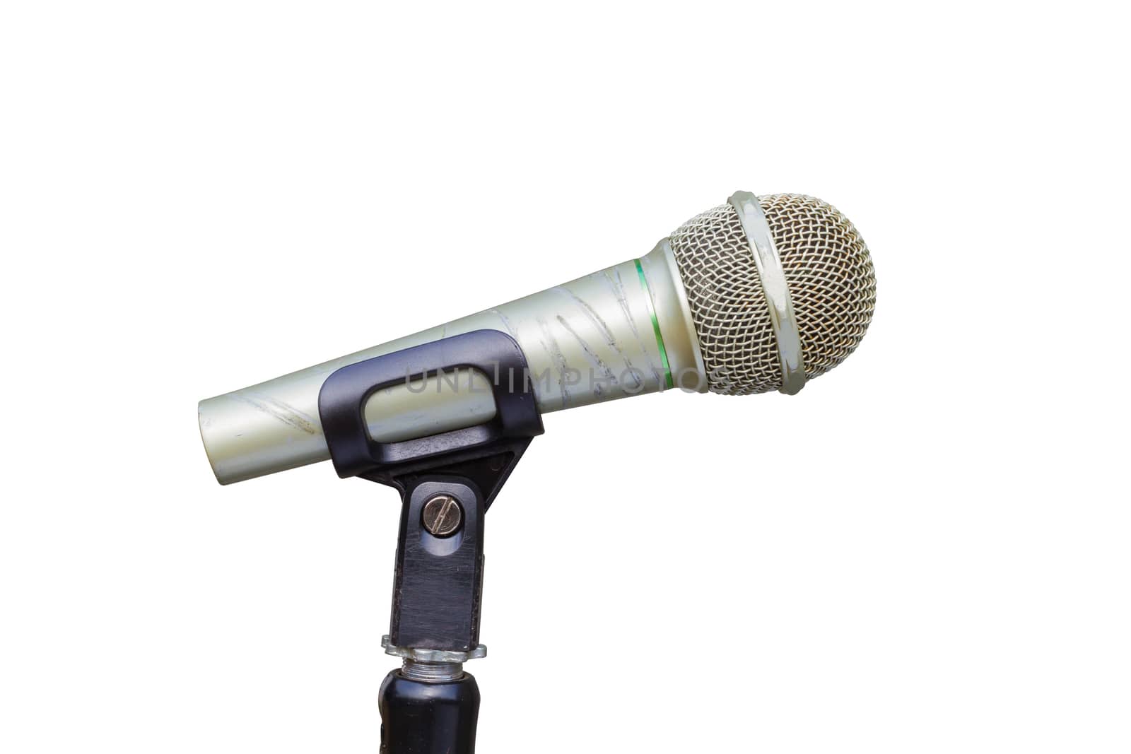 Microphone with stand isolated on white background. Side view. Speaker concept. clipping path.