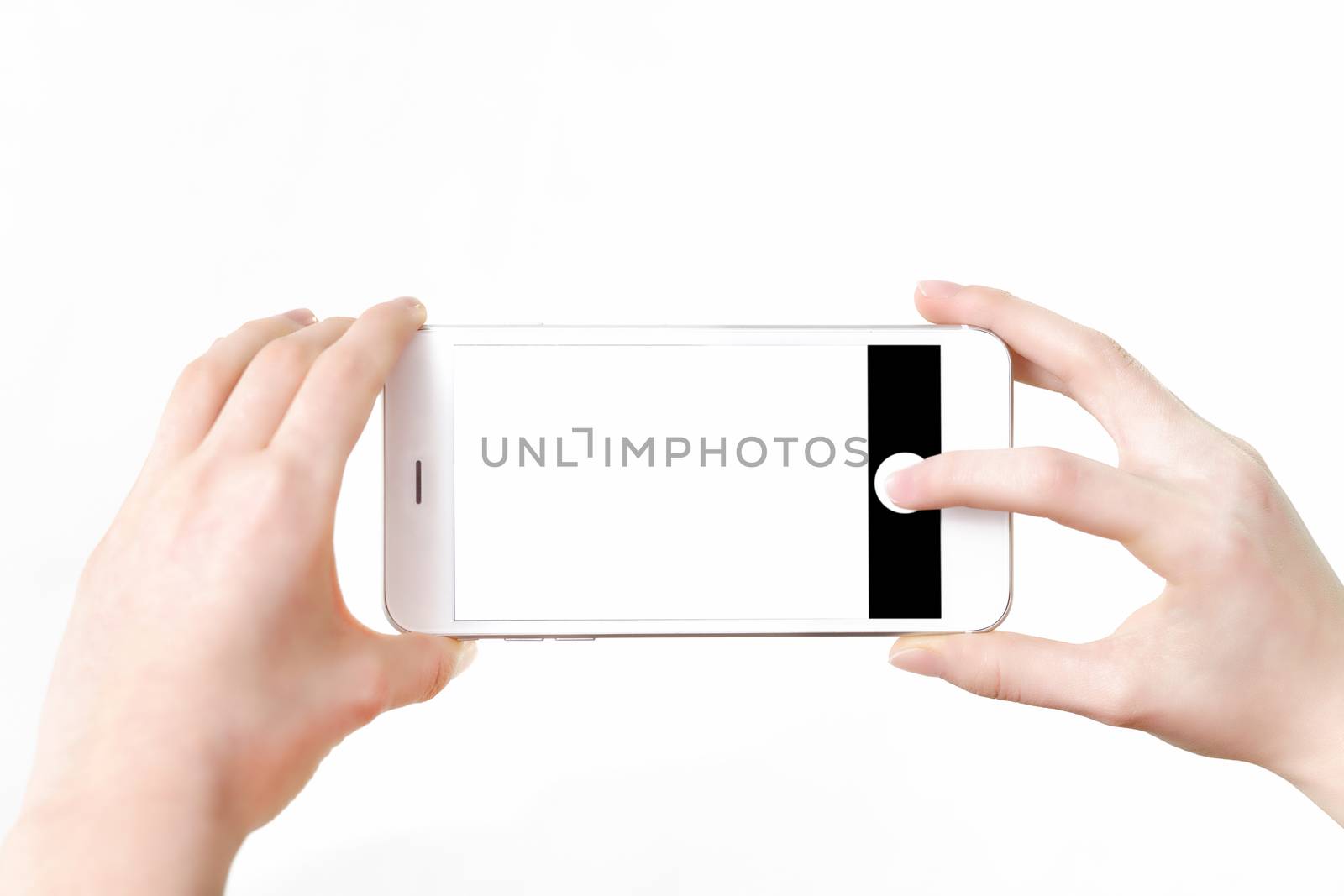 Mock-up of making photo on a smartphone - Mock-up of making photo on a smartphone - woman's hands holding mobile phone and touching screen isolated on white background