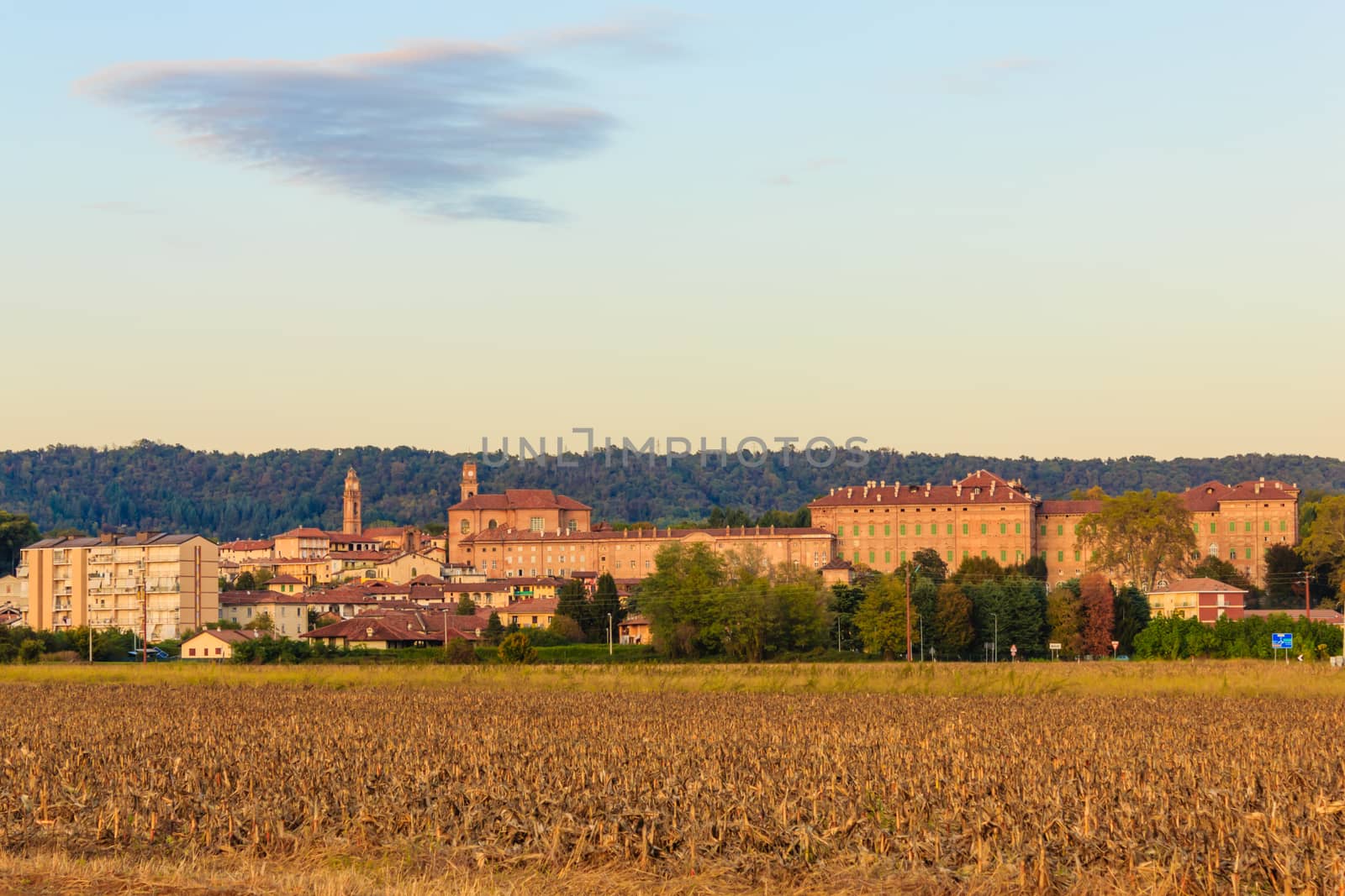 view of the municipality of Agliè in Piedmont Italy, with the ducal castle on the right World Heritage Site Unesco