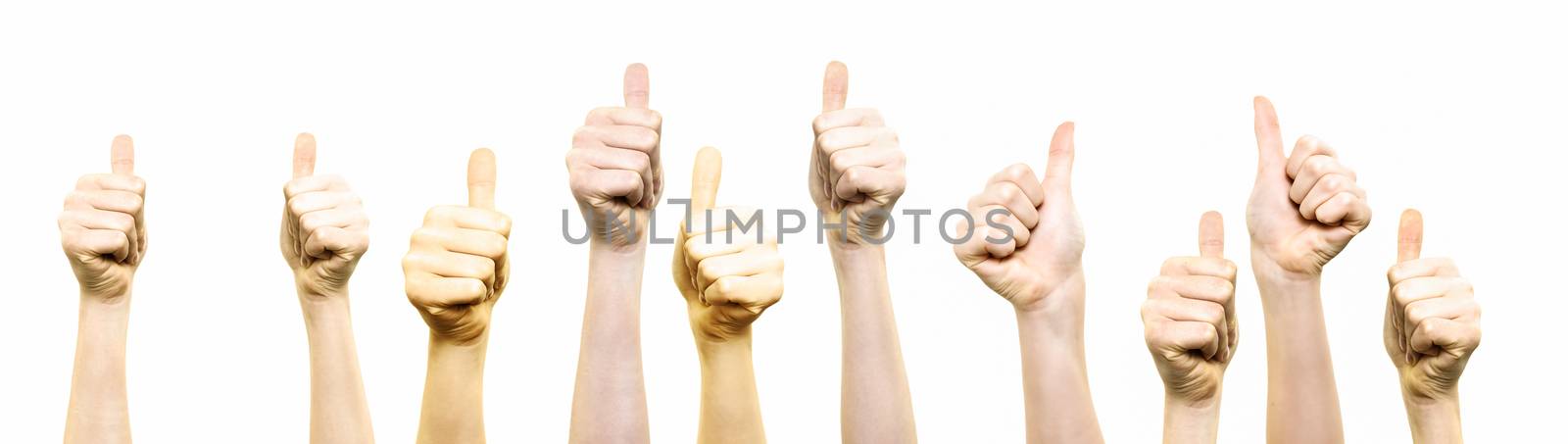 Group of young people showing thumbs up gesture on a white background