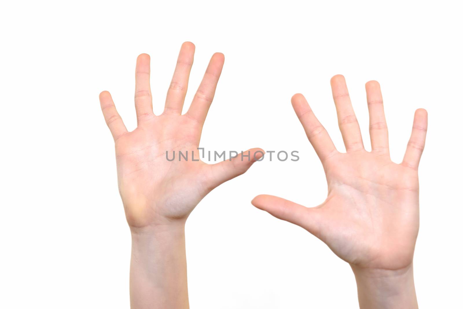 Caucasian white girl is showing her hands with open palms on a white background in close-up