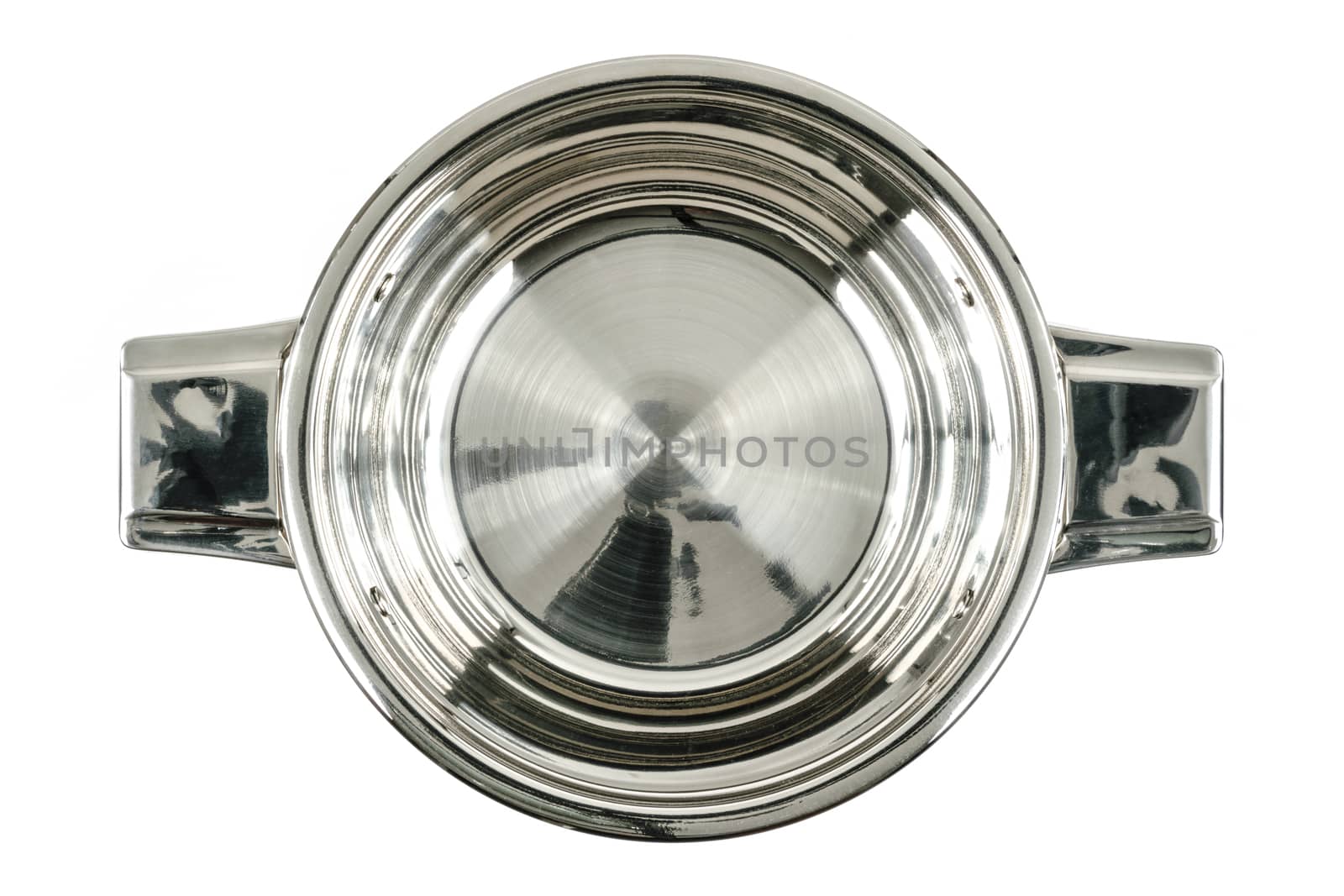 Top view of a professional stainless steel metal cooking pot isolated on a white background.