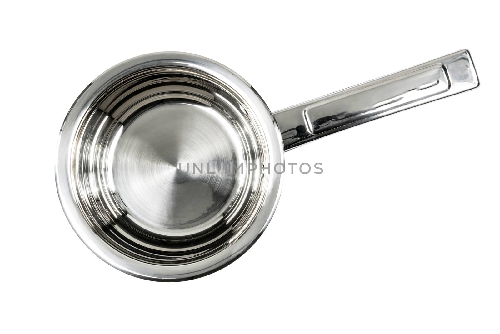 Top view of a professional stainless steel metal cooking pan isolated on a white background.