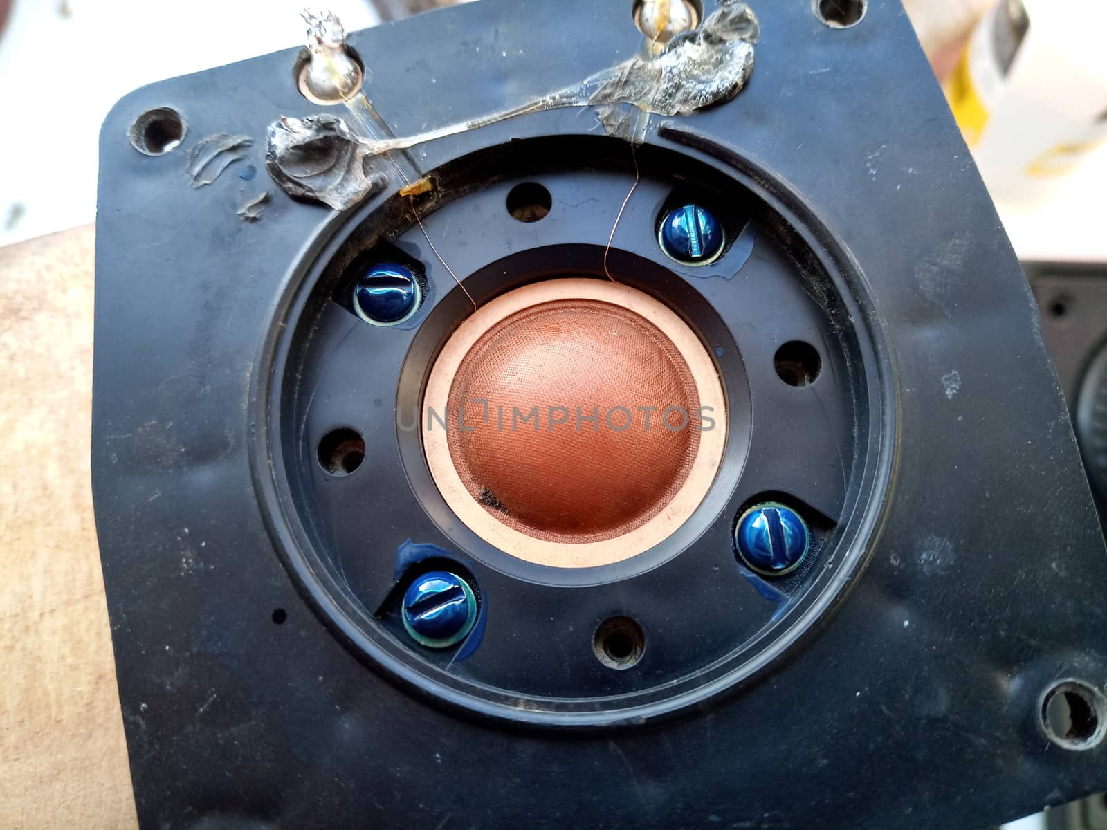 Speaker repair, disassembled speaker. High-frequency speaker 10gdv-2-16 on a white background. A component of a three-way speaker system.