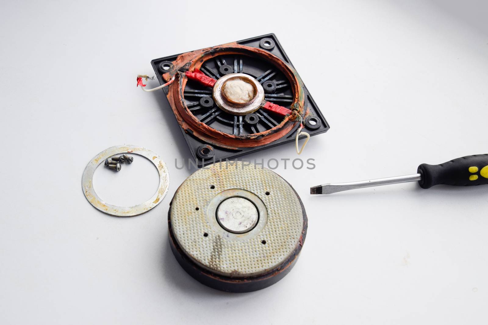 Speaker repair, disassembled speaker. High-frequency speaker 6GDV-7-16 on a white background. A component of a three-way speaker system.