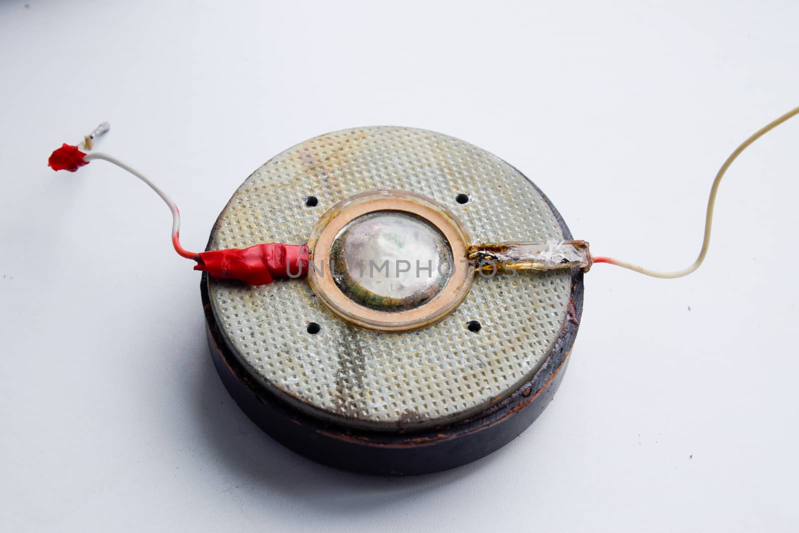 Speaker repair, disassembled speaker. High-frequency speaker 6GDV-7-16 on a white background. A component of a three-way speaker system.