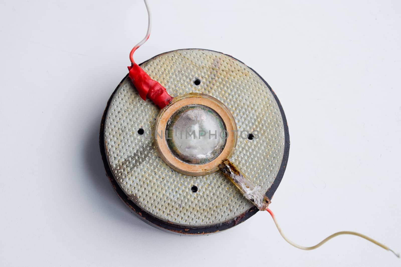 Speaker repair, disassembled speaker. High-frequency speaker 6GDV-7-16 on a white background. A component of a three-way speaker system.