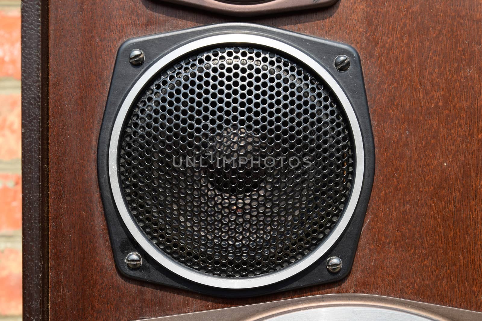 Mid-range speaker with a protective grid on the speaker.