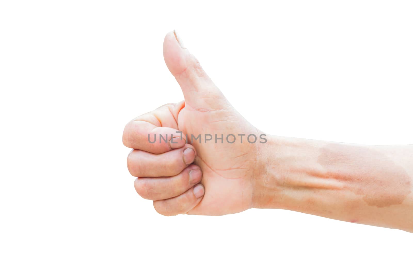 horizontal photo of closeup of farmer's hand showing thumbs up sign isolated on white background. Clipping path.