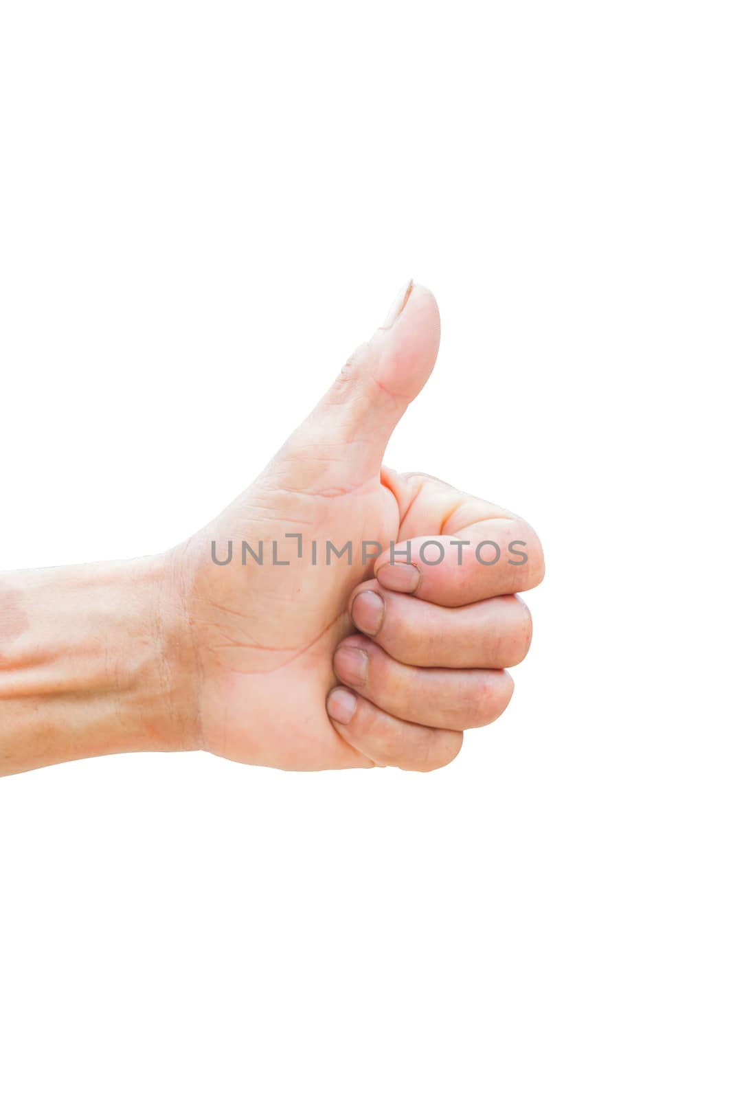 horizontal photo of closeup of farmer's hand showing thumbs up sign isolated on white background. Clipping path.
