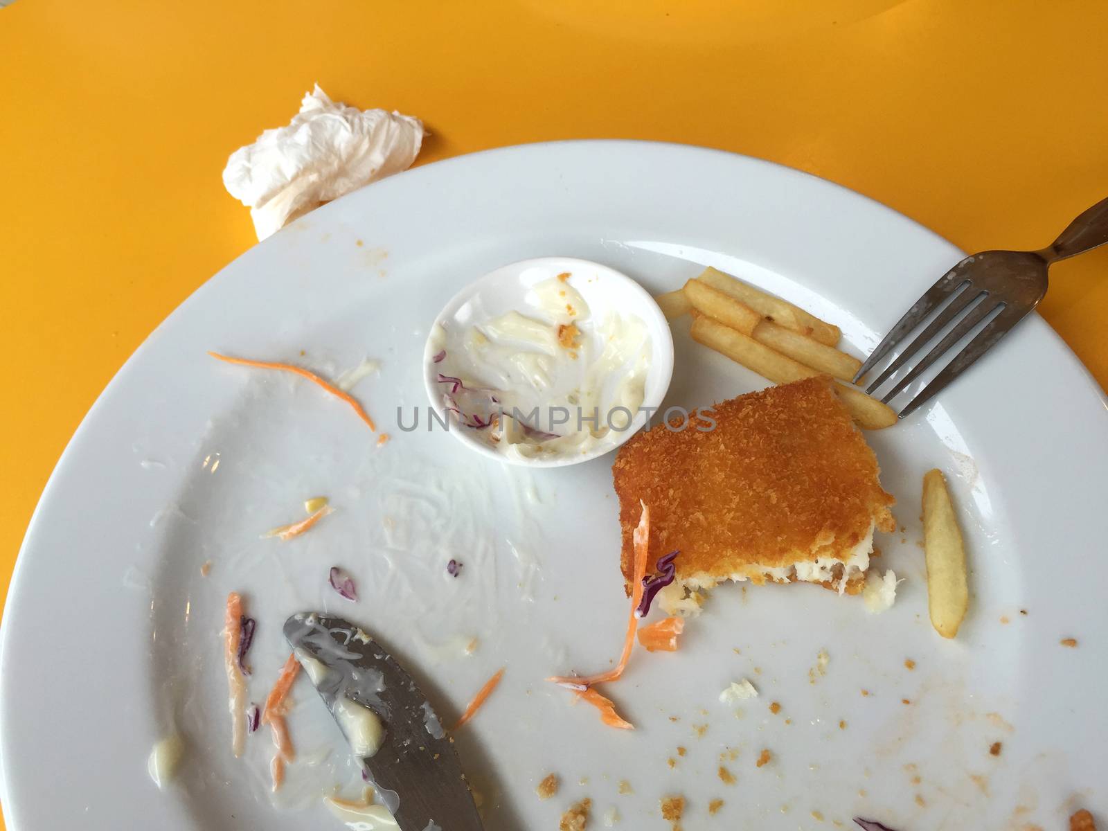 horizontal photo of fried fish remains after finish eating with used screwed paper tissue