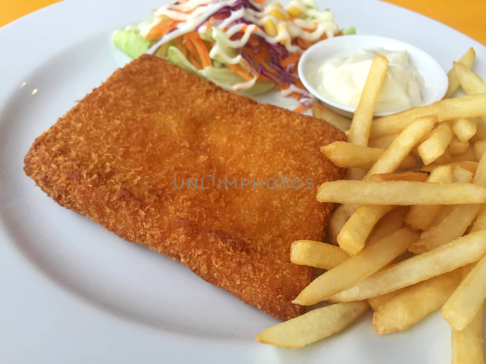 closeup fried fish, chips and salad on a white dish. Horizontal photo. shallow DOF.