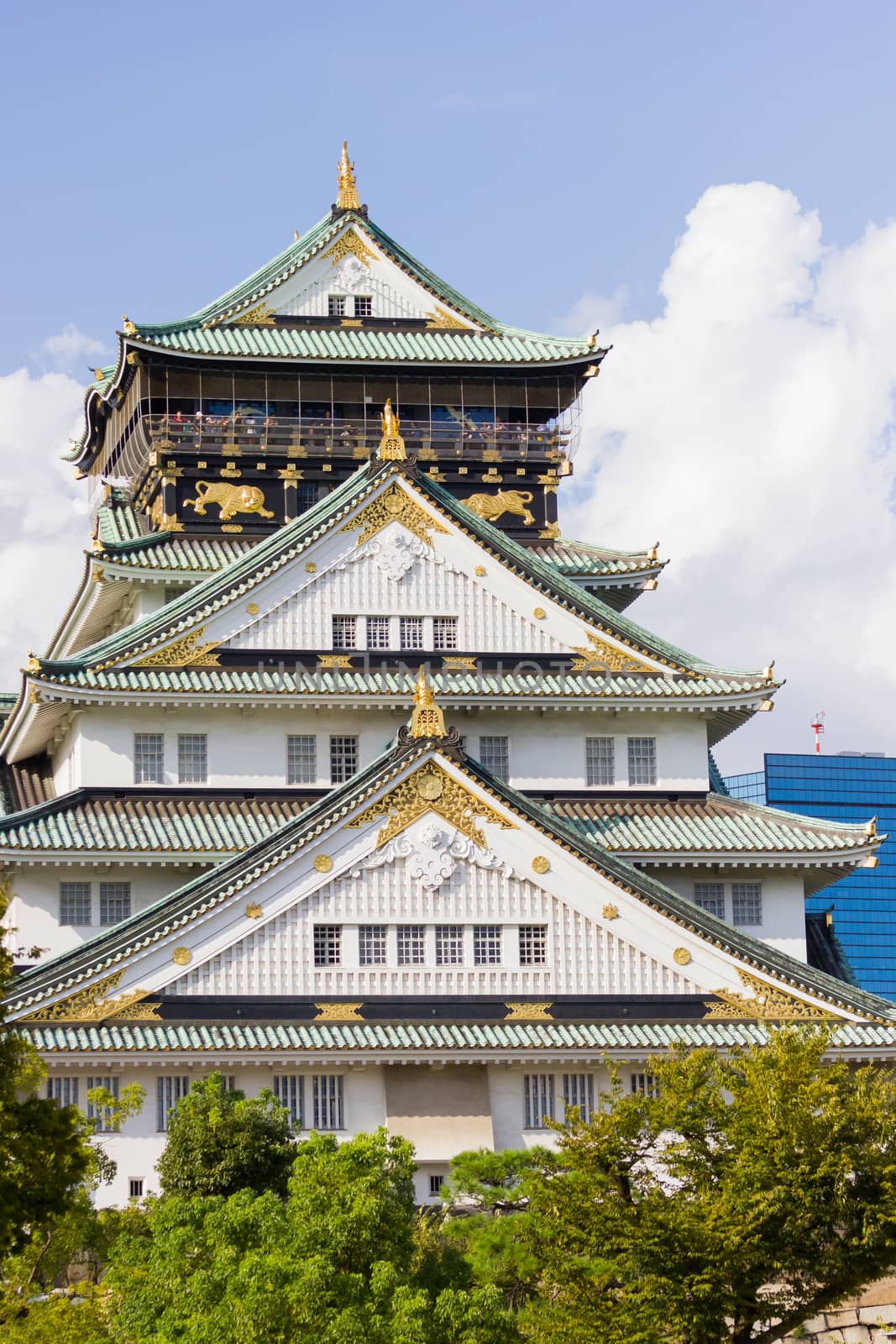 close-up Osaka castle on clear blue sky