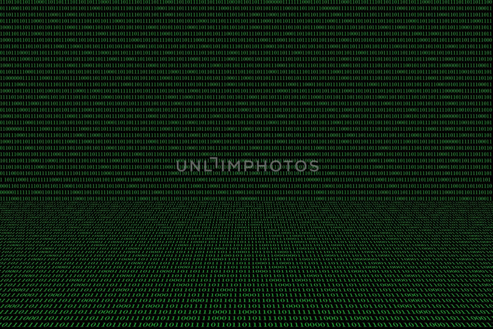 green binary computer code on black background, perspective