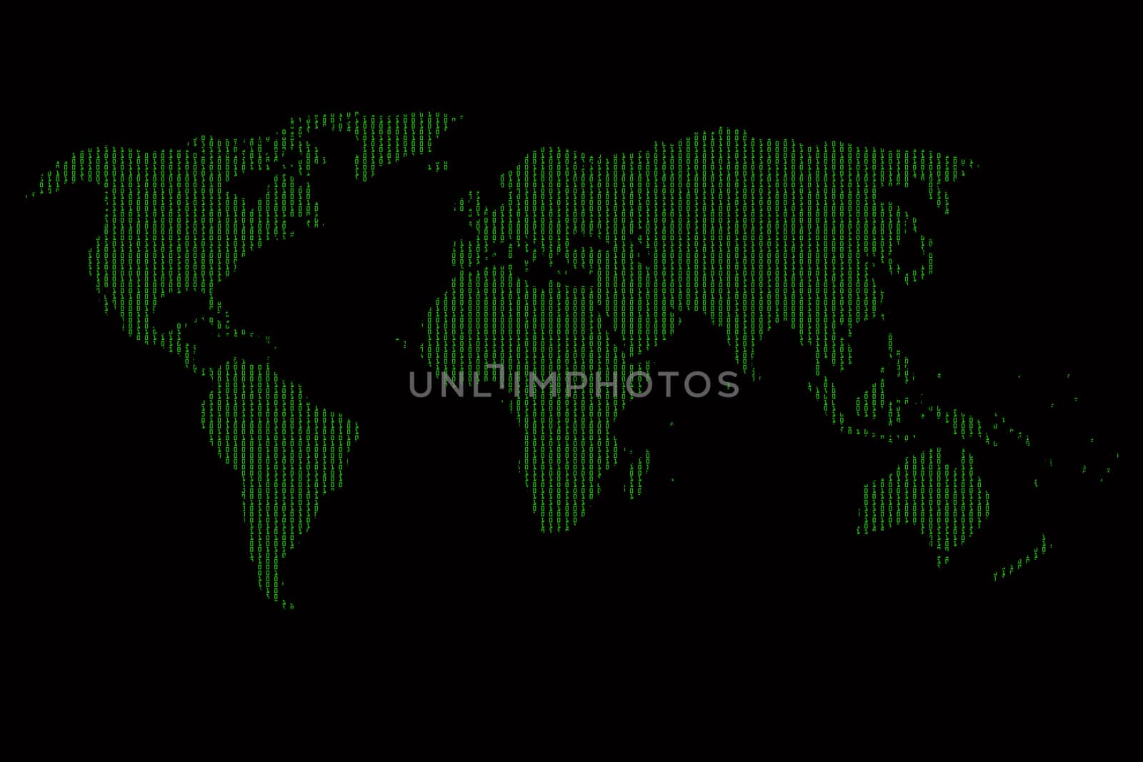 Digital World Map with binary code, on black background