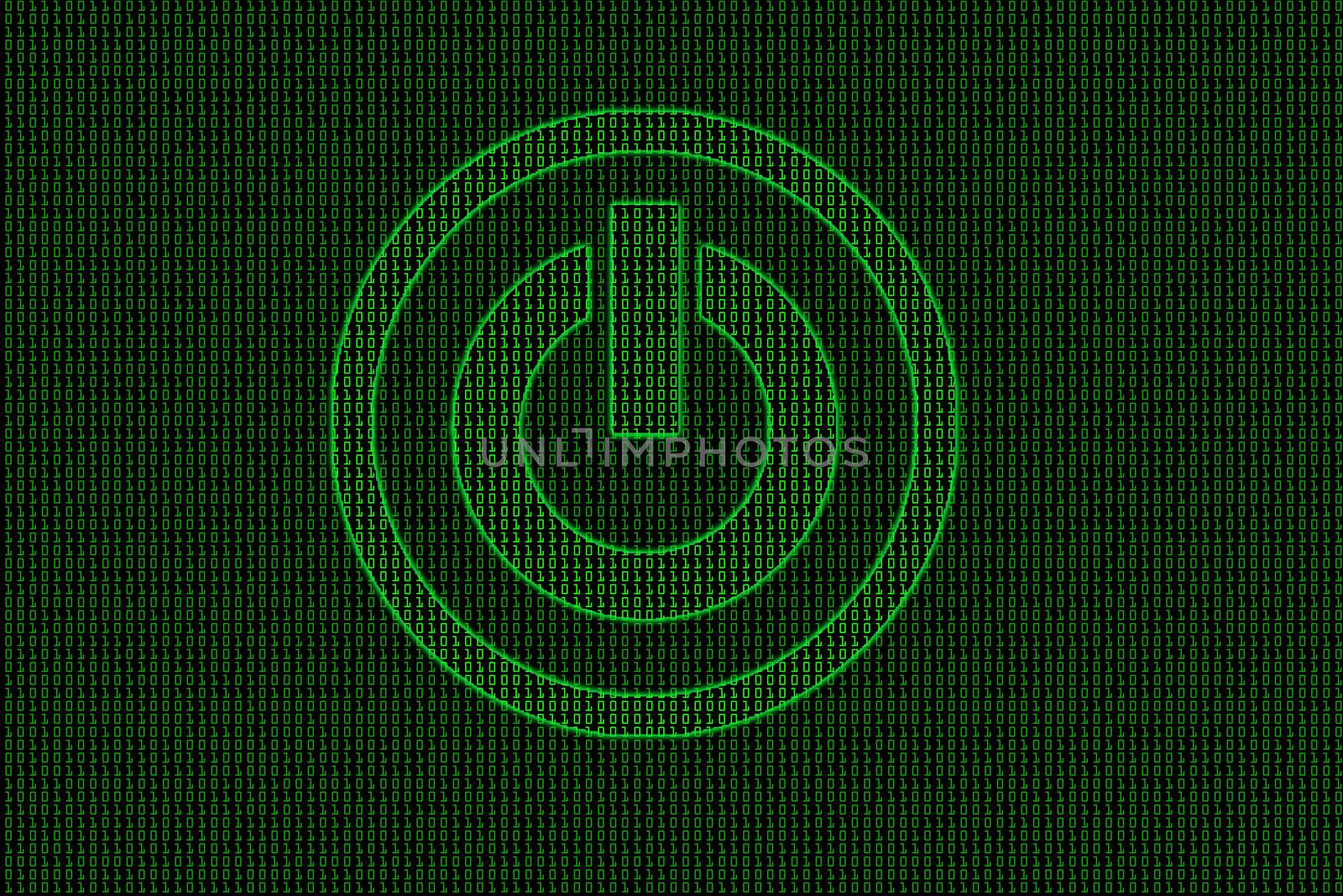 binary code abstract technology theme background with power button.