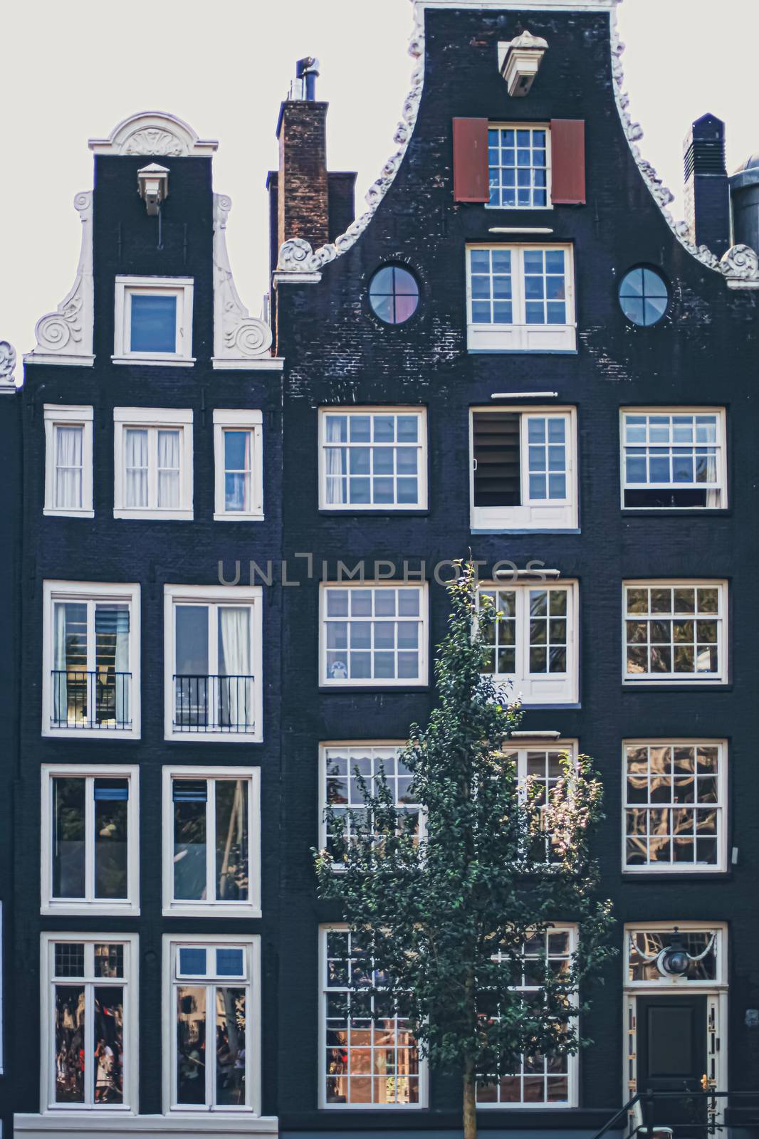 Main downtown street in the city center of Amsterdam in Netherlands on sunny day