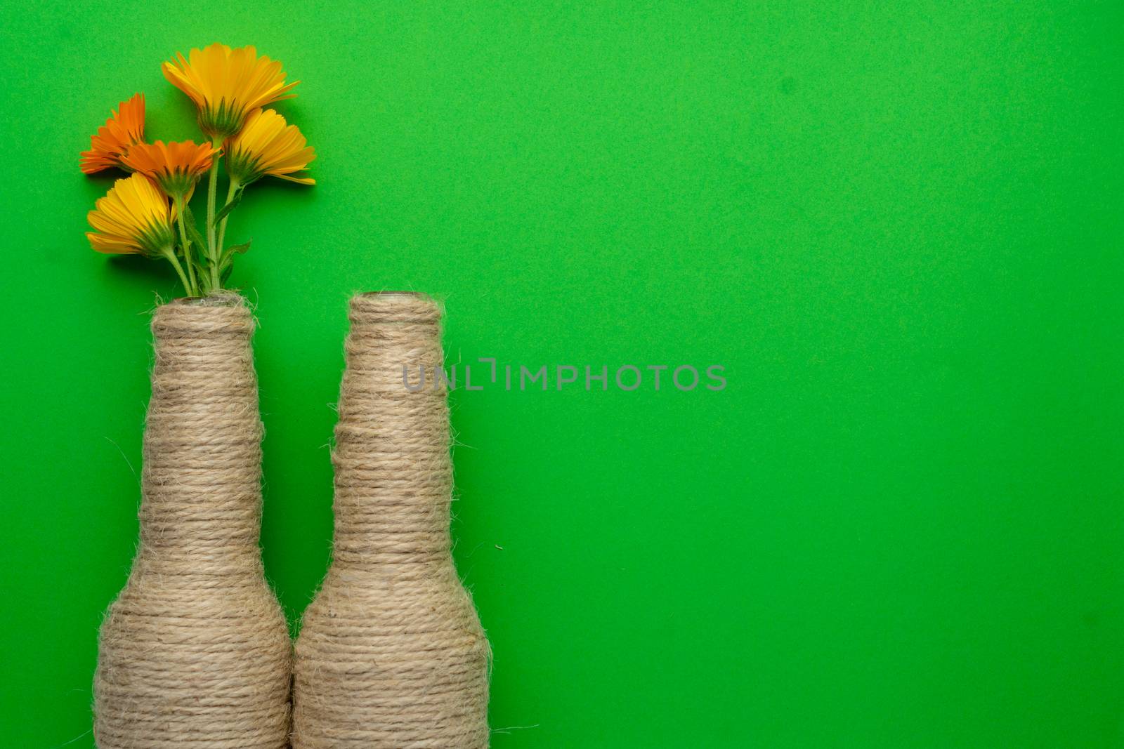 Two glass bottles of beer reused with hemp yarn and flowers on the left with a green background. Recycling and reusable concept