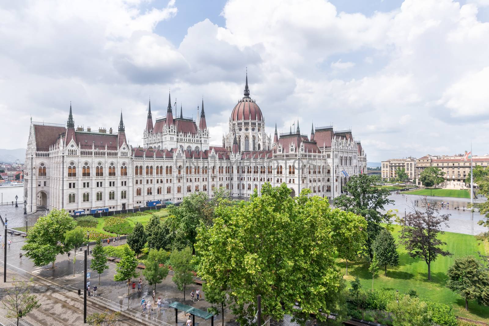 Hungarian parliament building from behind on a sunny day in summer season in Budapest, Hungary - aerial view. by tamas_gabor