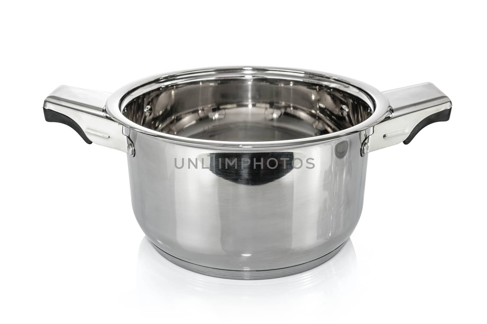 Premium stainless steel metal cooking pot isolated on a white background.