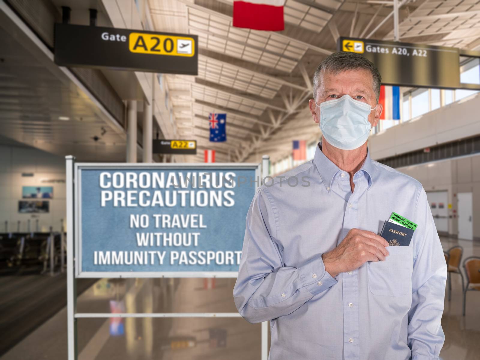 Mockup of airport terminal with casual senior adult holding passport with immunity certificate and wearing mask against coronavirus