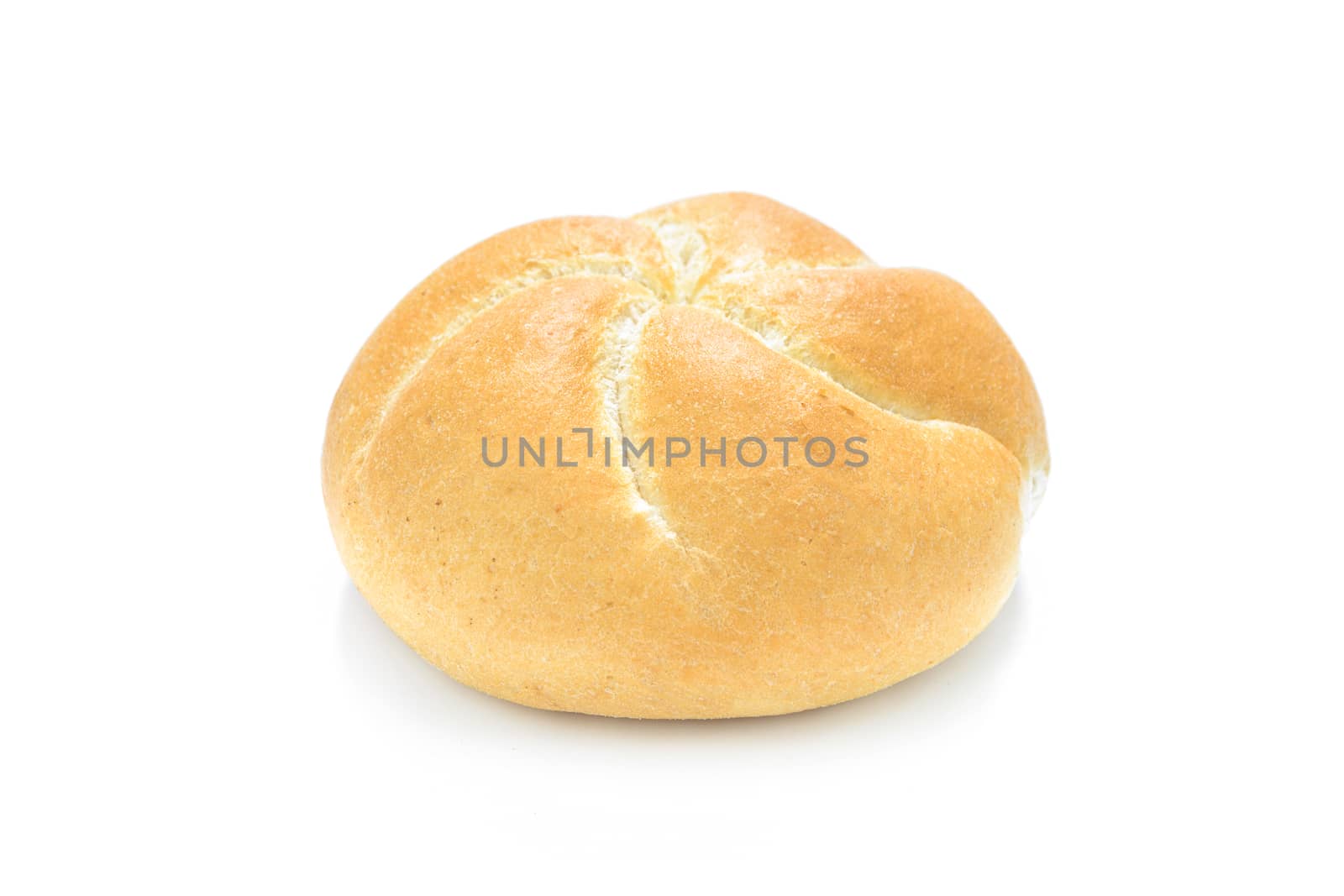 Fresh kaiser roll bread isolated on white background in close-up