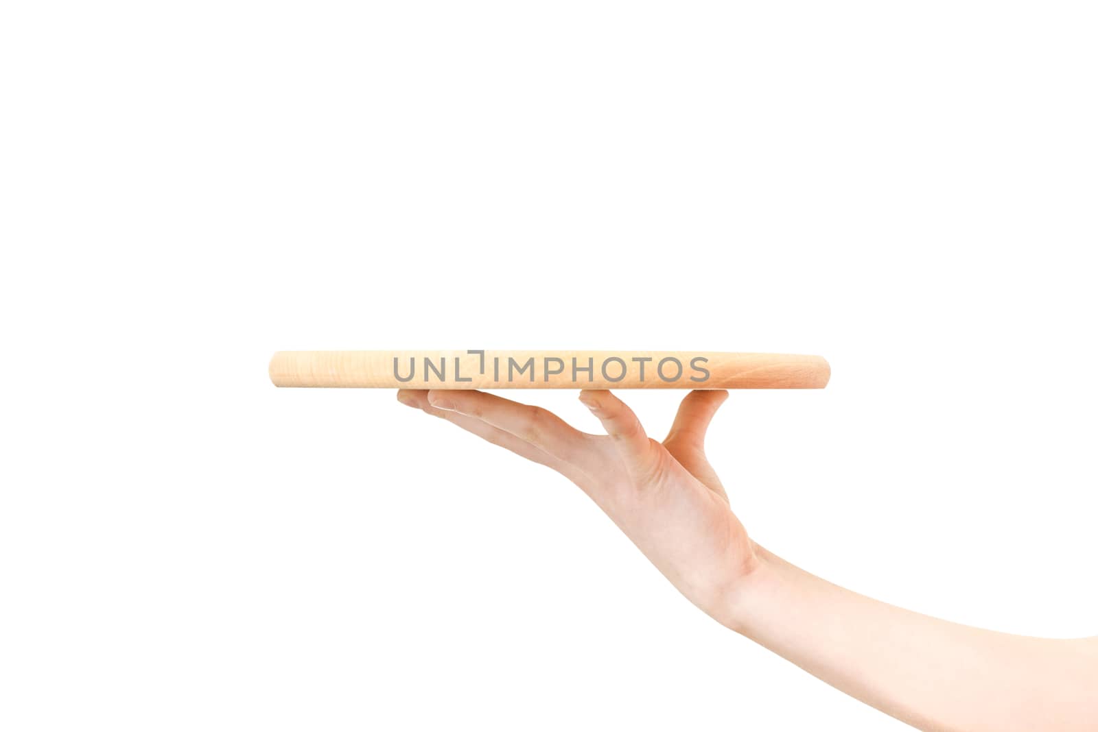 Wooden tray on a hand by wdnet_studio