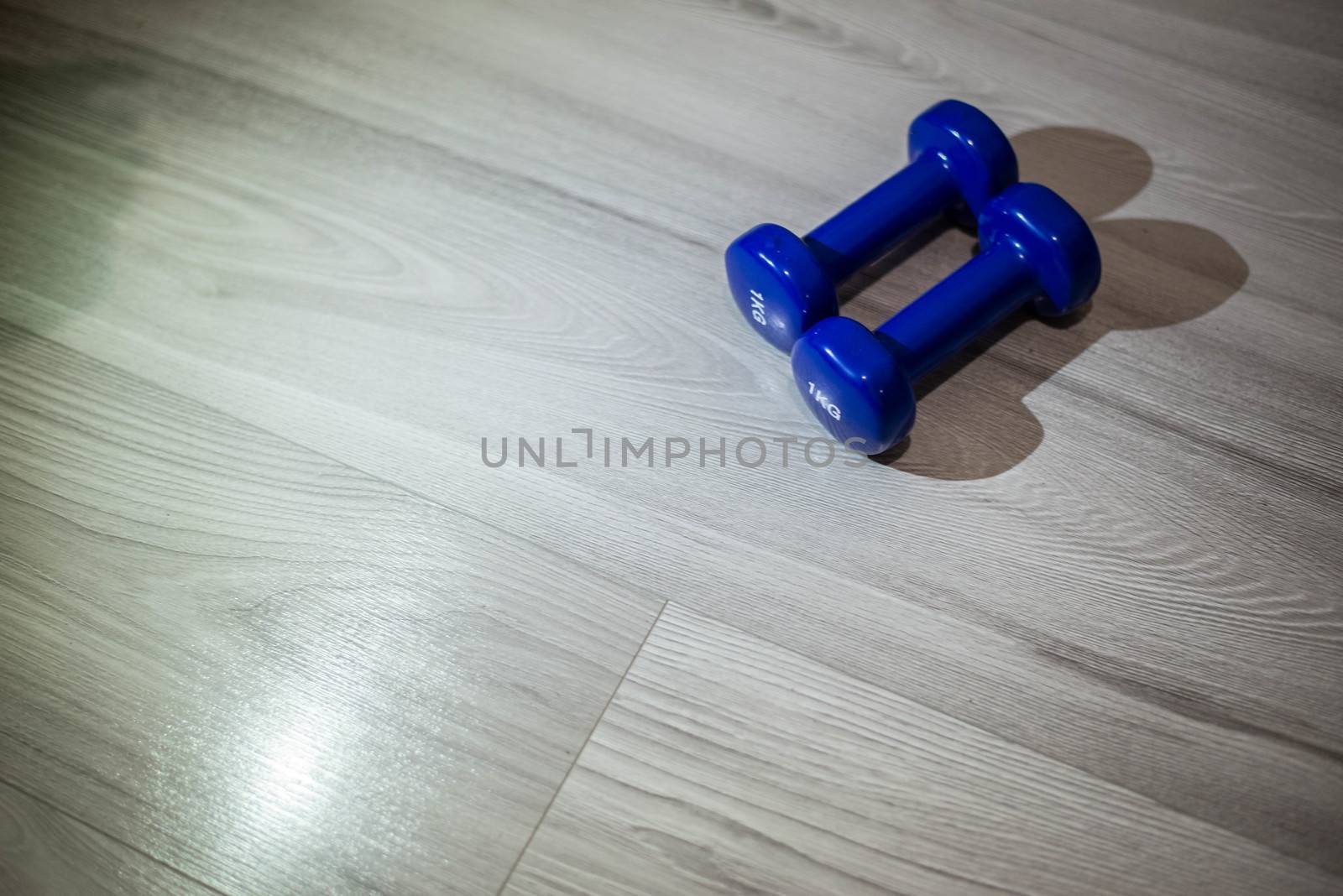 Blue dumbbells on the floor