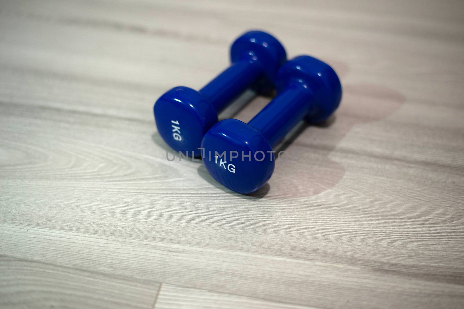 Blue dumbbells on the floor