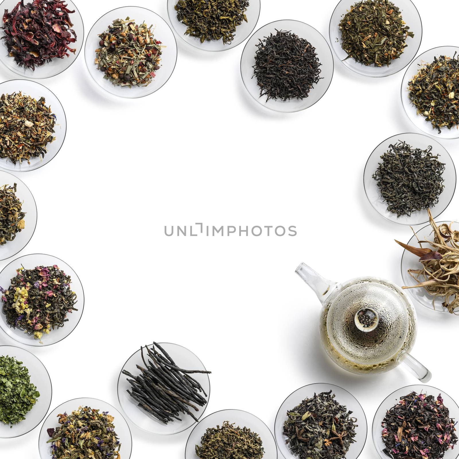 Large assortment of tea on a white background. The view from the top.