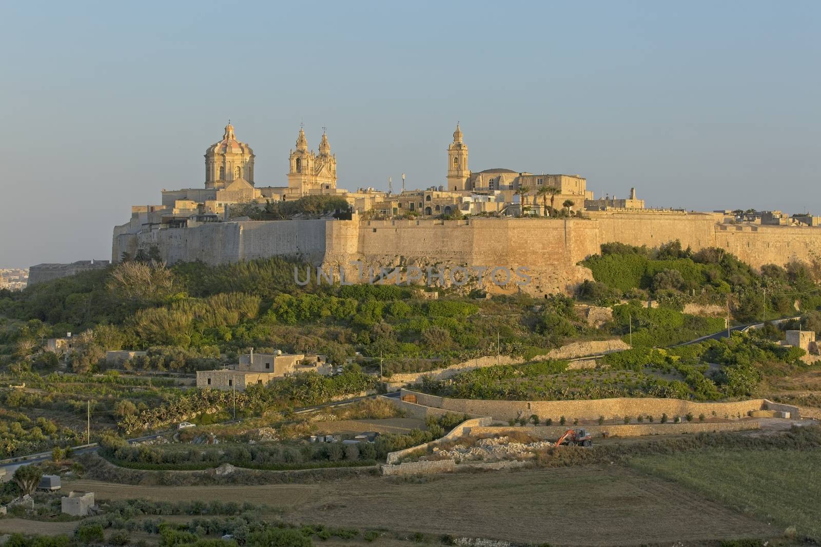 The medieval city of Mdina in Malta, at dusk.