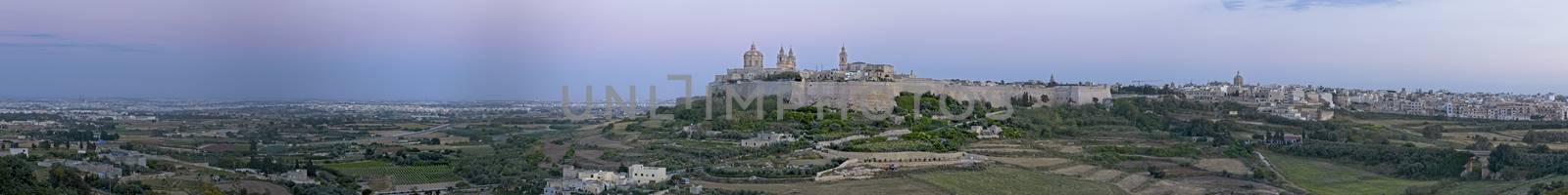 Panoramic view of the medieval city of Mdina and its surrounding countryside in Malta