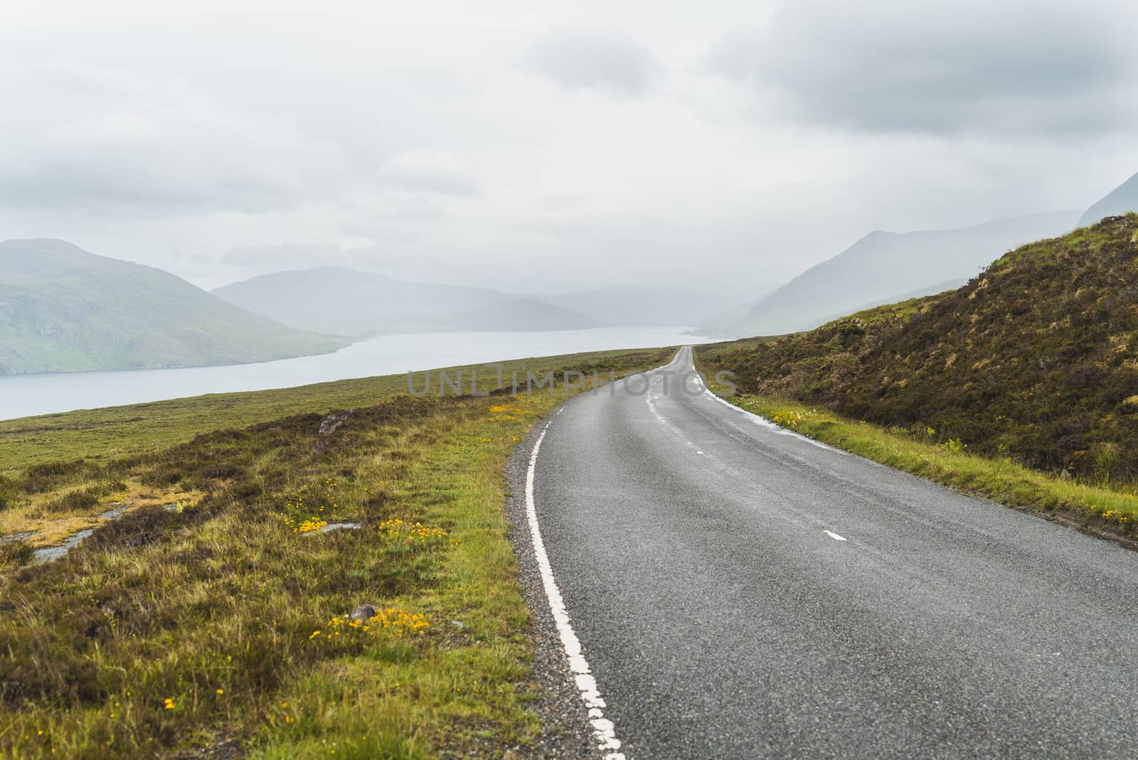 Landscape of mountains and a road in Scotland