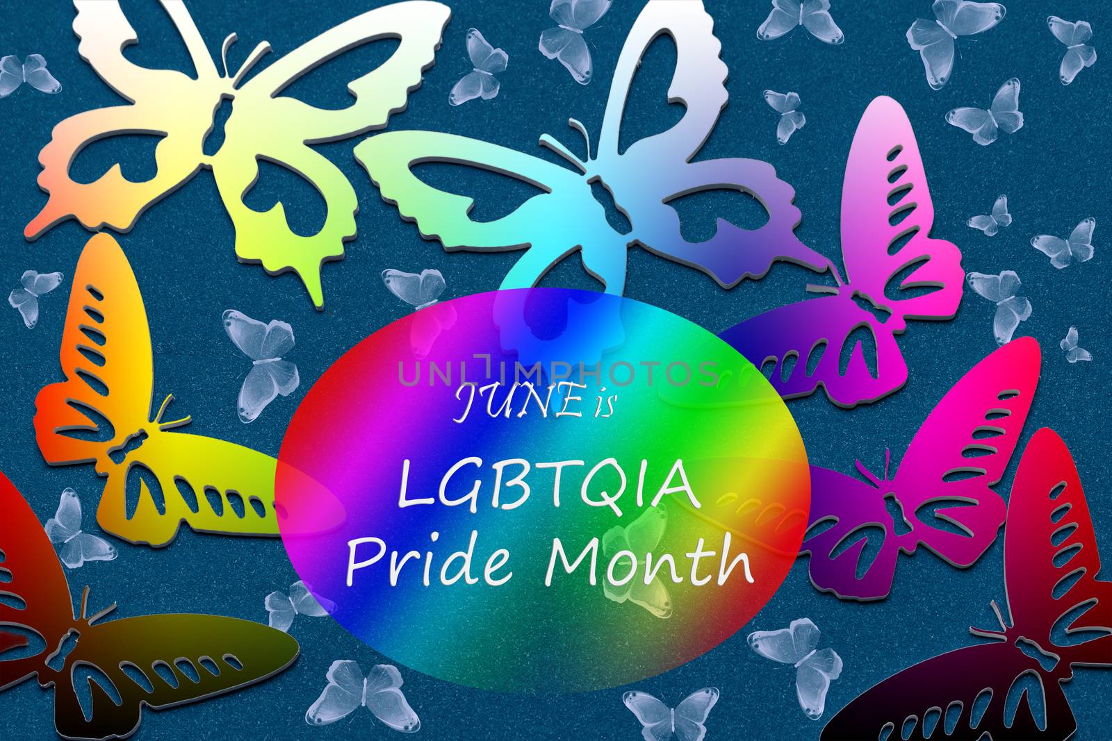 June is LGBT pride month. Greeting text and rainbow-colored butterflies on a blue background. by bonilook