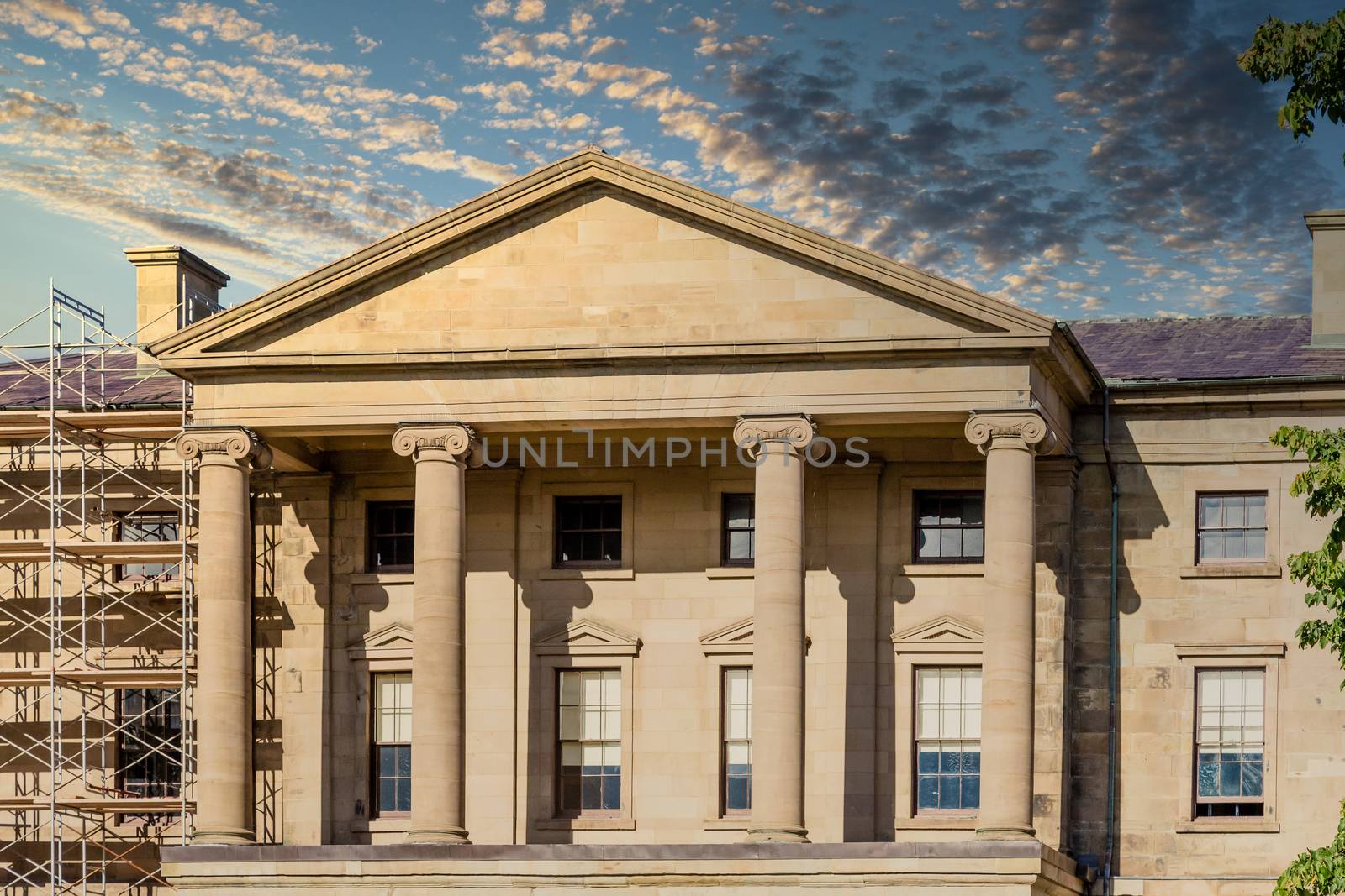 Stone Museum with Scaffolding on Facade in Charlottetown