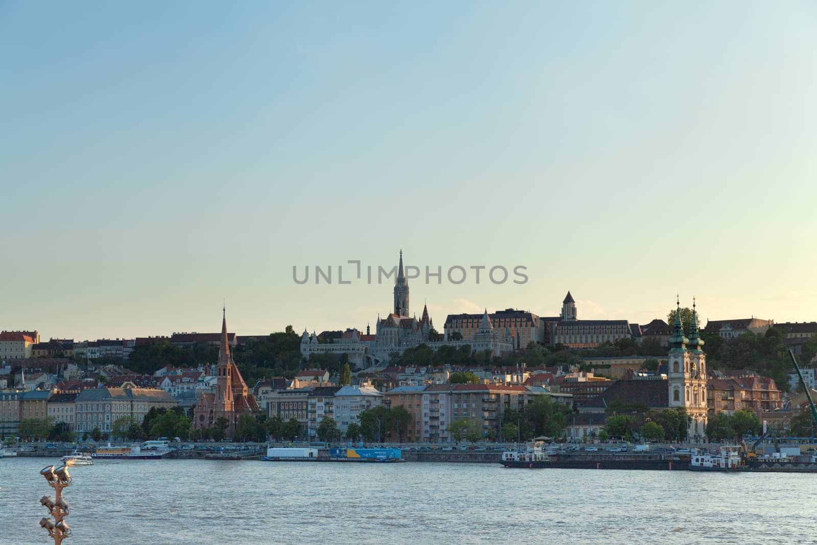 Budapest, Hungary - 4 May 2017: Buda view at sunset showing Fisherman's Bastion and Danube